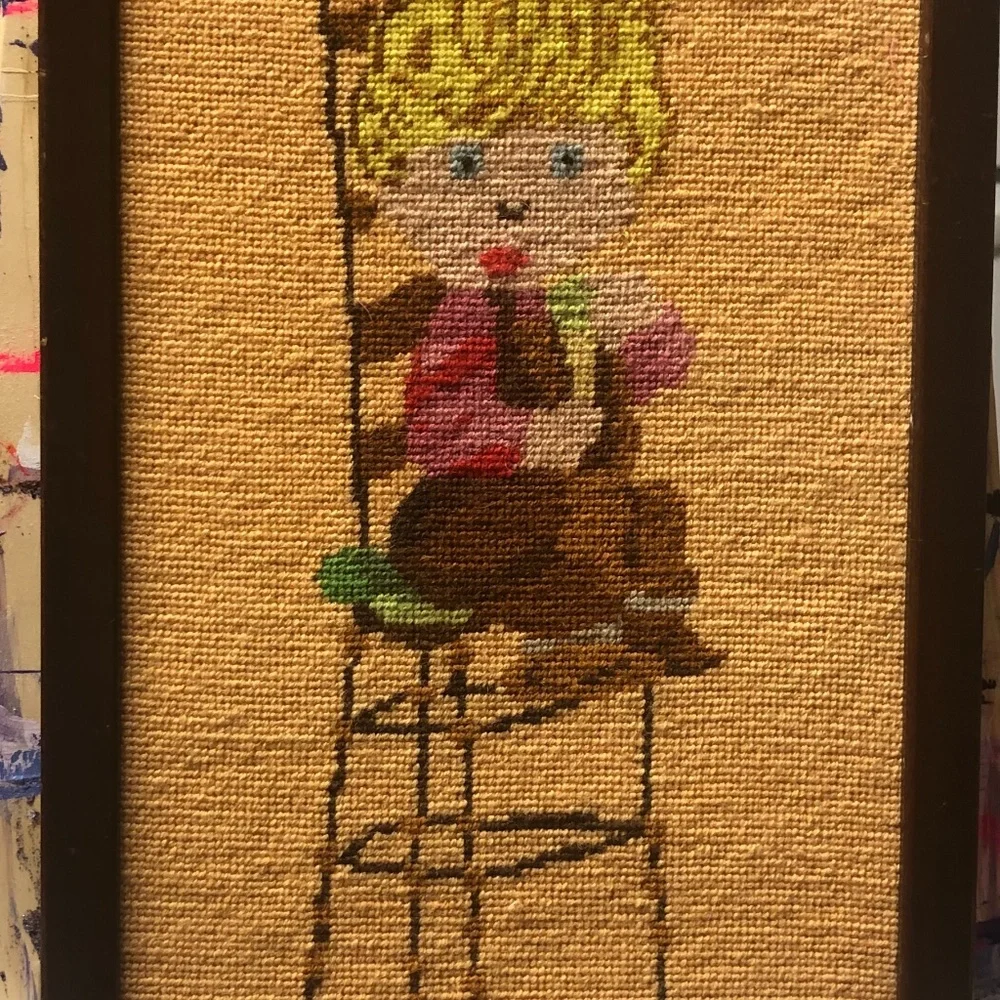 VINTAGE HANDMADE NEEDLEPOINT BLONDE BOY SITTING IN CHAIR